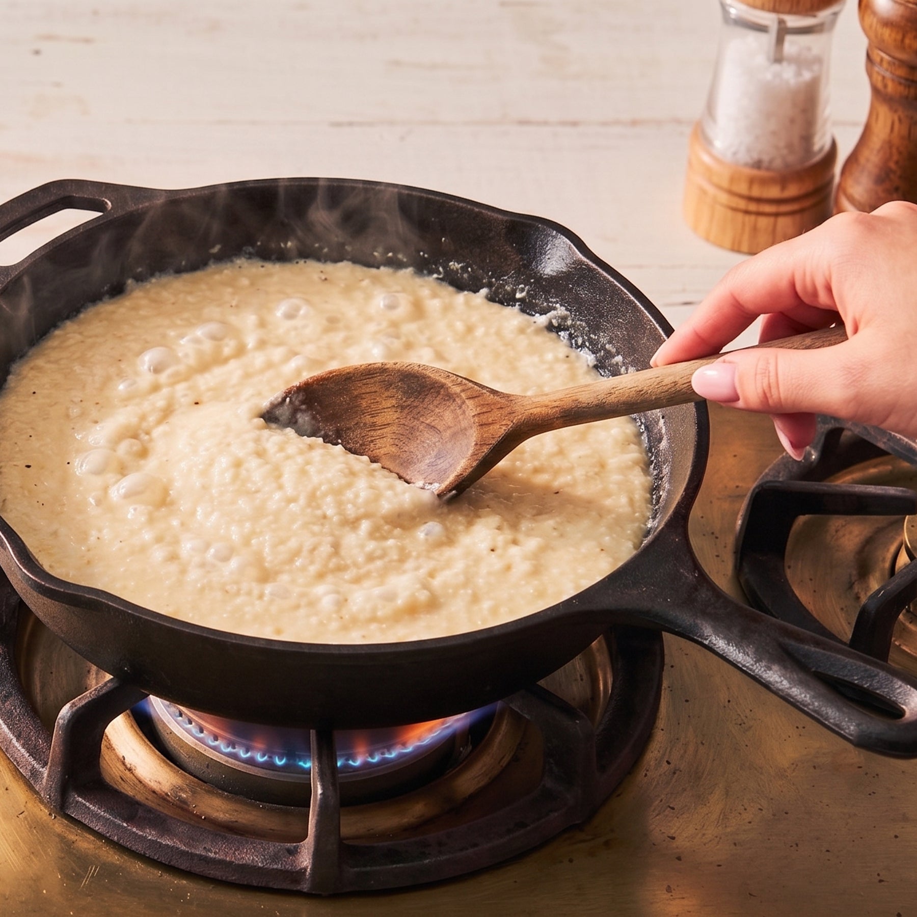 Gritzy Stone Ground Grits Simmering in an iron Skillet