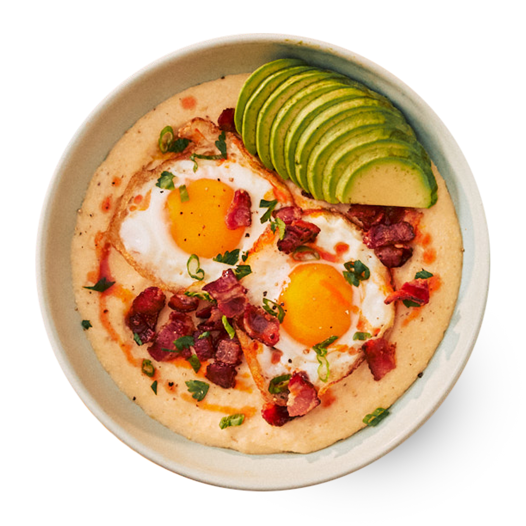  Stone-ground Gritzy grits with sunny-side-up eggs, bacon, and avocado